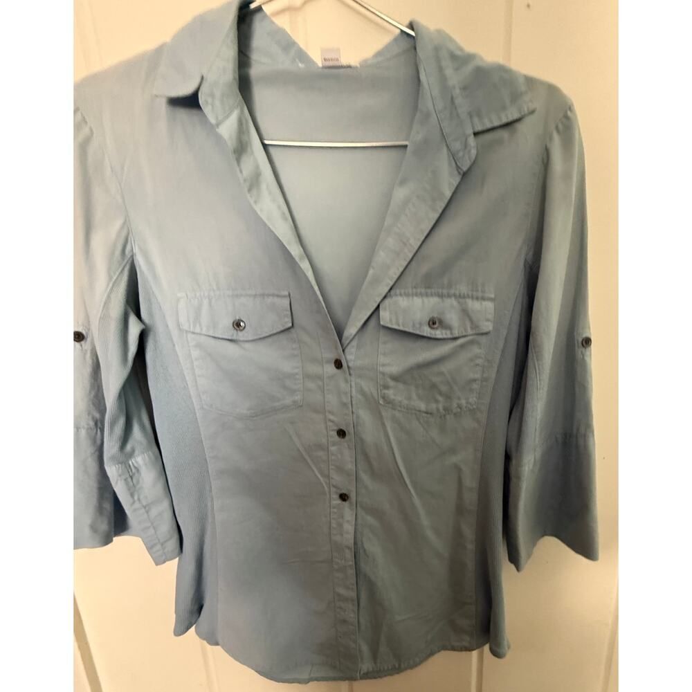 James Perse Standard Cotton Button Down Shirt Blue 3/4 Sleeve WLC3321CU Size 2